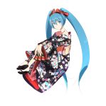  1girl bare_shoulders blue_eyes blue_hair bow collarbone domo1220 eyebrows eyebrows_visible_through_hair floral_print from_side hair_bow hatsune_miku high_heels highres japanese_clothes kimono long_hair long_sleeves looking_at_viewer looking_to_the_side no_legwear obi off_shoulder plaid plaid_bow red_bow sandals sash simple_background smile solo very_long_hair vocaloid white_background 