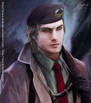  1boy blonde_hair blue_eyes brilcrist coat facial_hair hat kazuhira_miller male_focus metal_gear_(series) metal_gear_solid_v military_hat necktie signature solo stubble sunglasses_removed upper_body watermark web_address 