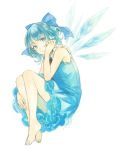  1girl aimai-me bangs bare_arms barefoot blue_dress blue_eyes blue_hair bow cirno dress expressionless eyebrows eyebrows_visible_through_hair frills from_side full_body hair_bow hand_in_hair hand_up ice ice_wings knees_up leg_hug looking_at_viewer petticoat short_hair simple_background sleeveless sleeveless_dress solo touhou white_background wings 