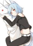  1girl aemu_(august_life) animal_ears bare_shoulders belt blue_hair looking_at_viewer lying midriff navel on_side original pillow pillow_hug red_eyes smile solo tail wolf_ears wolf_tail 