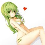 1girl absurdres alternate_costume bangs between_legs bikini blush bow bow_bikini breasts cleavage dutch_angle eyebrows eyebrows_visible_through_hair from_side front-tie_bikini front-tie_top green_bow green_eyes green_hair hair_between_eyes hair_ornament hair_tubes halterneck hand_between_legs heart highres if_(asita) kochiya_sanae large_breasts long_hair side-tie_bikini simple_background sitting snake_hair_ornament solo swimsuit touhou under_boob white_background 