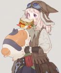  1girl animal_hat bandaid bandaid_on_face belt black_gloves cat cat_hat eating facial_mark fat_cat_(final_fantasy_xiv) final_fantasy final_fantasy_xiv fingerless_gloves food food_in_mouth food_on_face gloves goggles goggles_on_hat hat holding_animal long_hair miqo&#039;te mouth_hold pouch sandwich scratches vest violet_eyes wagashi_(goma_dango) white_hair 