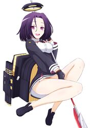  1girl :d daba glaive gloves highres kantai_collection legs mechanical_halo no_socks open_mouth purple_hair rigging short_hair smile solo tatsuta_(kantai_collection) thighs violet_eyes virgin_killer_outfit white_background 