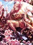  1girl bare_shoulders breasts cherry_blossoms detached_sleeves earrings elbow_gloves floral_print flower gloves green_eyes grin hair_flower hair_ornament highres japanese_clothes jewelry katagiri_hachigou kimono long_hair looking_at_viewer original outstretched_hand pink_gloves pink_hair pink_legwear sideboob sitting smile solo thigh-highs very_long_hair 