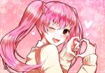 1girl artist_name blush f6 genderswap heart long_hair matsuno_todomatsu nyarotyn osomatsu-kun osomatsu-san pink_background pink_hair school_uniform smile twintails 