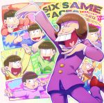  6+boys ;d arm_behind_head arm_up bald bowl_cut brothers brown_hair buck_teeth cat chibita esper_nyanko facial_hair finger_gun formal heart heart_in_mouth hood hoodie iyami male_focus matsuno_choromatsu matsuno_ichimatsu matsuno_juushimatsu matsuno_karamatsu matsuno_osomatsu matsuno_todomatsu messy_hair multiple_boys mustache oden one_eye_closed open_mouth osomatsu-kun osomatsu-san paneled_background purple_suit sextuplets show_chiku-by siblings six_same_faces smile suit v 