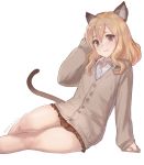  1girl animal_ears arm_support bare_legs blonde_hair blush brown_eyes cardigan cat_ears cat_tail looking_at_viewer meto31 original school_uniform short_hair simple_background sitting sleeves_past_wrists smile solo tail white_background 