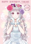  ariga_nao bare_shoulders blush breasts cleavage dress flower gloves hair_flower hair_ornament hairband hands_on_own_cheeks hands_on_own_face happy_birthday idolmaster long_hair looking_at_viewer red_eyes shijou_takane silver_hair smile solo 