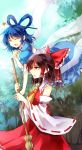  2girls ascot bamboo_broom blue_dress blue_hair blue_sky bow broom brown_eyes brown_hair closed_eyes clouds detached_sleeves dress flying_sweatdrops forest hair_bow hair_ornament hair_rings hair_stick hair_tubes hakurei_reimu kaku_seiga kutsuki_kai long_sleeves multiple_girls nature open_mouth puffy_short_sleeves puffy_sleeves red_dress shawl short_sleeves sky smile touhou vest wide_sleeves 