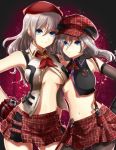  2girls alisa_ilinichina_amiella bare_shoulders black_boots black_gloves black_legwear blue_eyes boots breasts cabbie_hat elbow_gloves fingerless_gloves gloves god_eater god_eater_2:_rage_burst god_eater_burst hat holding_hands long_hair looking_at_viewer multiple_girls pantyhose silver_hair skirt smile suspender_skirt suspenders thigh-highs thigh_boots under_boob 