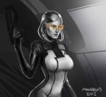  1girl alternate_costume bob_cut bodysuit breasts character_name copyright_name edi_(mass_effect) gun handgun humanoid_robot lips mass_effect mass_effect_3 metallic_skin nose pistol robot silver_hair solo sun_stark visor weapon 