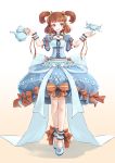  1girl ankle_cuffs blue_bow blue_shoes blue_skirt bow brown_bow brown_eyes brown_hair bubble_skirt cup earl_grey_tea earrings frills full_body hair_bow jewelry matsumura_(30003) original personification pocketland shoes short_hair sidelocks skirt smile solo standing teacup teapot two_side_up white_background wrist_cuffs yellow_bow 