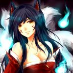  1girl ahri animal_ears bare_shoulders black_hair breasts cleavage collarbone detached_sleeves facial_mark fox_ears fox_tail hitodama korean_clothes large_breasts league_of_legends light_smile long_hair looking_at_viewer multiple_tails parted_lips solo tail upper_body urusai-baka whisker_markings yellow_eyes 