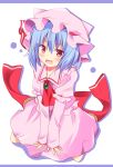  1girl :d absurdres blouse blue_hair blush brooch fangs hat hat_ribbon highres hyurasan jewelry looking_at_viewer mob_cap open_mouth red_eyes remilia_scarlet ribbon sash short_hair shy sitting skirt skirt_set smile solo touhou v_arms wariza 