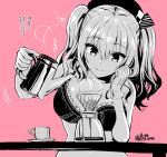  1girl beret bra breasts cleavage coffee_pot cup gloves hat heart kantai_collection kashima_(kantai_collection) kojima_saya large_breasts monochrome out-of-frame_censoring pink_background saucer simple_background smile solo translation_request twintails underwear underwear_only 