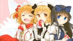  3girls :d blush bow coca-cola dress drinking fairy fairy_wings fang hair_bow hair_ornament hat highres long_sleeves looking_at_viewer luna_child misha_(hoongju) multiple_girls open_mouth smile soda_can star_sapphire sunny_milk touhou wide_sleeves wings 