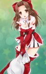  1girl adapted_costume belt boots bow breasts brown_eyes brown_hair christmas cleavage elbow_gloves fur_collar fur_trim gloves hair_bow hair_intakes highres jintsuu_(kantai_collection) kantai_collection long_hair open_mouth plum_(arch) red_gloves red_legwear sack sidelocks skirt smile solo thigh-highs thigh_boots 