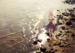  1girl akidee blonde_hair coast dress elbow_gloves full_body gloves hat highres long_hair mob_cap ocean outdoors petite purple_dress revision rock scenery solo touhou wallpaper white_gloves yakumo_yukari 