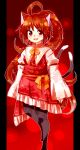  1girl alternate_costume alternate_hairstyle animal_ears blush chen highres kuroshiroduet long_hair long_sleeves looking_at_viewer multiple_tails red_eyes ribbon smile tail thigh-highs touhou 