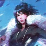  1girl artist_name black_dress black_hair blurry blush collar dress fubuki_(onepunch_man) fur_trim green_eyes guweiz jewelry light_smile lips long_sleeves necklace one-punch_man parted_lips pearl_necklace short_hair solo upper_body wind 