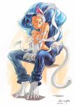  1girl 2013 animal_ears artist_name big_hair blue_hair blue_pants boringmu cat_ears cat_tail closed_eyes dated denim felicia full_body highres jeans long_hair pants paws sitting smile solo tail v_arms vampire_(game) 