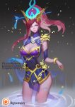  &gt;:) alternate_costume alternate_hair_color armlet artist_name blue_eyes bracelet breasts caitlyn_(league_of_legends) claws cleavage cleavage_cutout elbow_gloves facepaint floating_hair flower gloves glowing hair_ornament hair_stick headdress headpiece hips jewelry league_of_legends lips long_hair looking_at_viewer petals pink_hair pointy_ears ponytail see-through serious shawl single_glove smile standing tassel water watermark web_address wind 