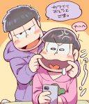  2boys anger_vein black_hair blush_stickers brothers cellphone heart heart_in_mouth hono1212 hood hoodie jitome male_focus matsuno_ichimatsu matsuno_todomatsu messy_hair multiple_boys osomatsu-kun osomatsu-san phone saliva siblings smartphone smile 