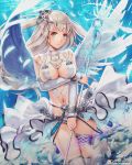  1girl angel_wings aqua_eyes bracelet breasts circlet cleavage feathered_wings feathers groin headgear jewelry looking_at_viewer navel official_art remana revealing_clothes silver_hair smile solo staff thigh_strap twintails unmei_no_clan_battle wings 