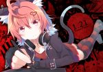  1girl animal_ears cat_ears cat_tail commentary_request dated hair_ornament headphones headphones_around_neck heart_hair_ornament jewelry kitahara_tomoe_(kitahara_koubou) looking_at_viewer necklace original pink_eyes pink_hair short_hair skirt solo striped striped_legwear stylus tablet tail 