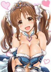  1girl :d bare_shoulders blush breasts brown_eyes brown_hair cleavage ganari_ryuu granblue_fantasy highres idolmaster idolmaster_cinderella_girls large_breasts long_hair looking_at_viewer open_mouth short_hair simple_background smile solo totoki_airi twintails white_background 