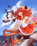  1girl anime_north bangs beaver bell bird blue_eyes blue_sky bow broom broom_riding building canada city clouds elbow_gloves flower gloves goose hoppouno_momiji jingle_bell open_mouth orange_gloves pleated_skirt redhead round_teeth sailor_collar sangcoon skirt sky smile striped striped_legwear sunflower teeth thigh-highs 