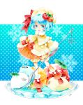  1girl bloomers blue_background blue_eyes blue_hair blush bow chion_(yukina) coat food_as_clothes food_themed_hair_ornament full_body hat hat_bow looking_at_viewer orange_skirt original personification plate pocketland polka_dot polka_dot_background pom_pom_(clothes) red_bow red_shoes seal shawl sherbet shoes short_hair skirt smile snowflakes solo standing underwear yellow_hat 
