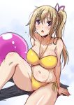  1girl bikini blonde_hair highres kawakami_mai long_hair musaigen_no_phantom_world side_ponytail sitting swimsuit violet_eyes 