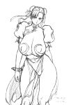  1girl bracelet breasts china_dress chinese_clothes chun-li curvy detached_sleeves double_bun earrings hips impossible_clothes inoue_takuya jewelry large_breasts monochrome pelvic_curtain short_hair short_sleeves simple_background spiked_bracelet spikes street_fighter white_background 