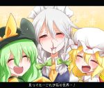  3girls blonde_hair blood blush bow braid closed_eyes commentary_request face fang flandre_scarlet green_hair hat hat_bow izayoi_sakuya komeiji_koishi maid maid_headdress mob_cap multiple_girls nosebleed open_mouth silver_hair smile sparkle takorice touhou translation_request twin_braids upper_body 