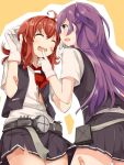  2girls ahoge arashi_(kantai_collection) back bandaid bandaid_on_arm bandaid_on_face bandaid_on_leg belt blouse blush brown_eyes closed_eyes gloves hagikaze_(kantai_collection) kantai_collection kerchief long_hair messy_hair multiple_girls open_mouth pleated_skirt purple_hair redhead sch school_uniform searchlight short_sleeves side_ponytail skirt smile torn_blouse torn_clothes vest white_blouse white_gloves 