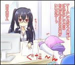  2girls black_hair black_jacket buttons choujigen_game_neptune collarbone collared_shirt computer desktop formal glasses head_down head_on_table hood hooded_jacket indoors jacket long_sleeves multiple_girls neptune_(choujigen_game_neptune) neptune_(series) noire office office_lady paper pink_hair red-framed_glasses red_eyes semi-rimless_glasses shirt short_hair striped striped_legwear suit table taka_(suigendou) thigh-highs translated twintails under-rim_glasses window 