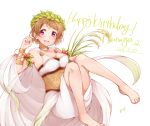  1girl armband bare_shoulders barefoot bracelet breasts brown_hair cape cleavage collarbone dress happy_birthday jewelry koizumi_hanayo legs love_live!_school_idol_project olive_wreath rice see-through short_hair simple_background smile solo violet_eyes white_background 