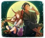  1boy 1girl bow chain chobi_(sakuyasakuhana) closed_eyes drinking gourd hair_bow horn horn_ribbon horns ibuki_suika long_hair moon night orange_hair ribbon sakazuki smile star_(sky) touhou 