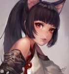  1girl animal_ears bare_shoulders elin_(tera) highres long_hair looking_at_viewer momoko_(momopoco) open_mouth ponytail red_eyes smile solo tera_online 