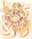  1girl apple_pie apple_slice apron blonde_hair flower food_themed_clothes food_themed_hair_ornament frills full_body kneehighs long_hair looking_at_viewer natsu_(759aqsw) original personification pie pocketland shoes smile solo standing twintails yellow_eyes 