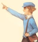  1boy artist_name bag bookbag brown_hair from_side grey_eyes hat luke_triton male_focus necktie open_mouth pointing professor_layton sangcoon signature solo sweater 
