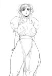  1girl bracelet breasts china_dress chinese_clothes chun-li curvy detached_sleeves double_bun earrings inoue_takuya jewelry large_breasts looking_up monochrome pelvic_curtain short_hair short_sleeves simple_background spiked_bracelet spikes street_fighter white_background 