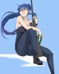  1girl ban beer_can blue_eyes blue_hair bolt_action boots breasts cleavage denim grisaia_no_rakuen gun highres jeans knee_up kusakabe_asako long_hair pants parted_lips ponytail rifle scope sitting sniper sniper_rifle solo weapon 