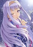  1girl hairband idolmaster long_hair miri_(ago550421) one_eye_closed shijou_takane silver_hair snowing solo violet_eyes 