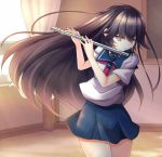  1girl black_hair classroom curtains flute haruchika homura_chika instrument long_hair miniskirt multicolored_eyes school_uniform skirt 