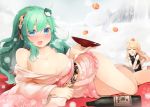  2girls :d =_= alcohol alternate_costume apron bare_shoulders blonde_hair blue_eyes blush bottle braid breasts cleavage collarbone drunk floral_print flower food frog_hair_ornament fruit green_hair hair_flower hair_ornament hitodama japanese_clothes kimono kirisame_marisa kochiya_sanae large_breasts long_hair looking_at_viewer lying mandarin_orange multiple_girls obi off_shoulder on_side open_clothes open_mouth open_shirt sakazuki sake sake_bottle sash shin_(new) shirt single_braid smile tabi touhou white_legwear 