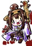  1girl ahoge baseball_bat blood blood_on_face bloody_weapon blush boots brown_hair chibi detached_sleeves double_bun hairband headgear holding holding_weapon japanese_clothes kantai_collection kongou_(kantai_collection) leg_up long_hair nail nail_bat nontraditional_miko open_mouth ribbon-trimmed_sleeves ribbon_trim senomoto_hisashi skirt solo standing_on_one_leg thigh-highs thigh_boots weapon wide_sleeves |_| 