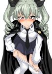  1girl anchovy bent_over black_ribbon blush cape drill_hair girls_und_panzer grey_hair hair_ribbon looking_at_viewer necktie pantyhose pantyhose_pull ribbon simple_background skirt solo sweatdrop trembling twin_drills ulrich_(tagaragakuin) violet_eyes white_background white_legwear 