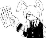  1girl animal_ears brooch commentary congratulations expressionless jewelry letter long_hair long_sleeves monochrome necktie nicetack rabbit_ears reading reisen_udongein_inaba simple_background touhou translated uniform 
